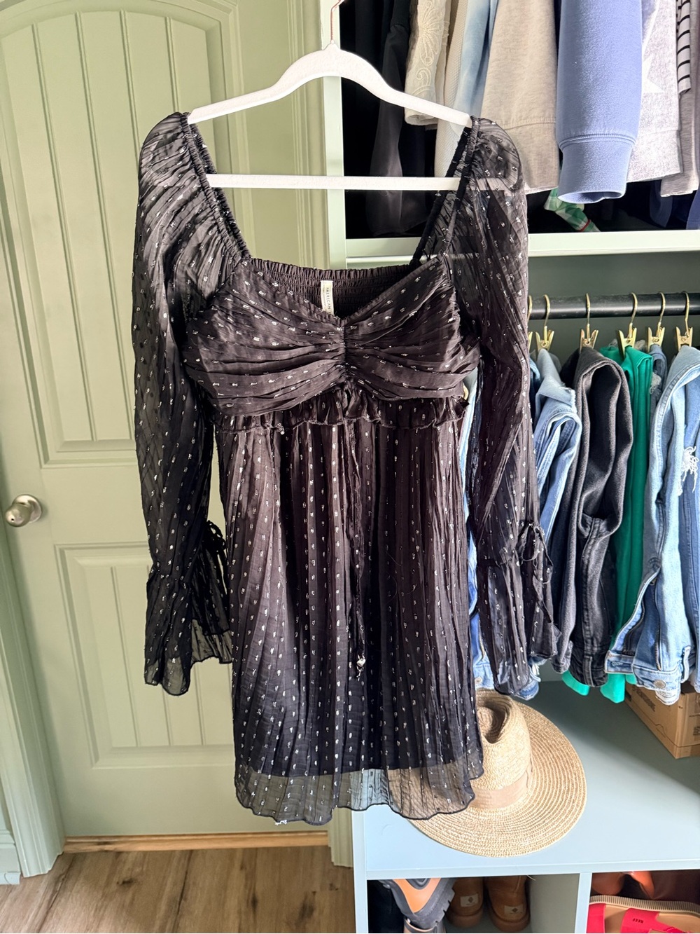American Eagle Black Sheer Long-Sleeve Mini Dress